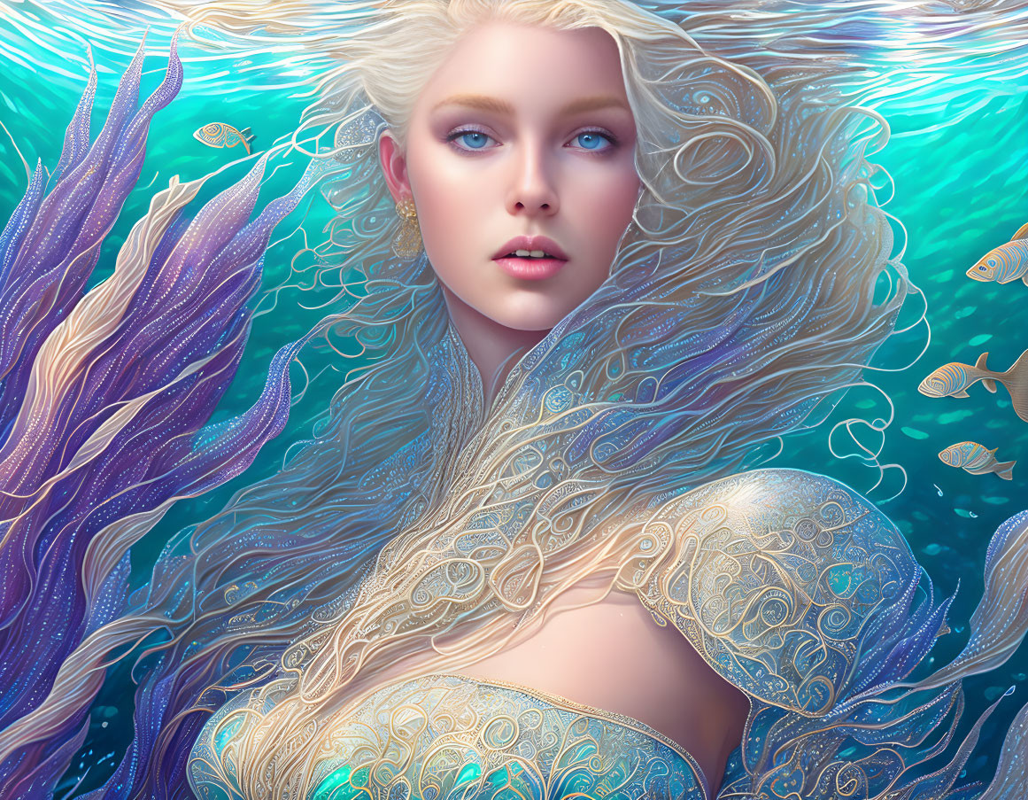 Ethereal woman with blond hair and silver patterns submerged underwater