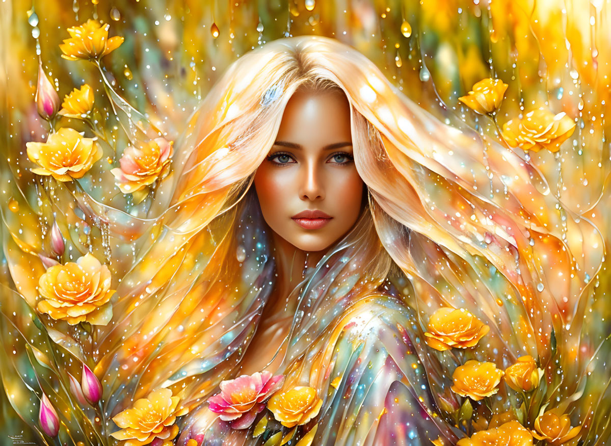 Woman with Blonde Hair Surrounded by Yellow Flowers and Glitter