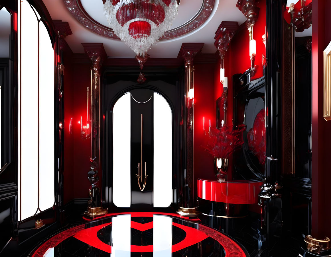 Luxurious Red and Black Decor Room with Marble Floors and Crystal Chandelier