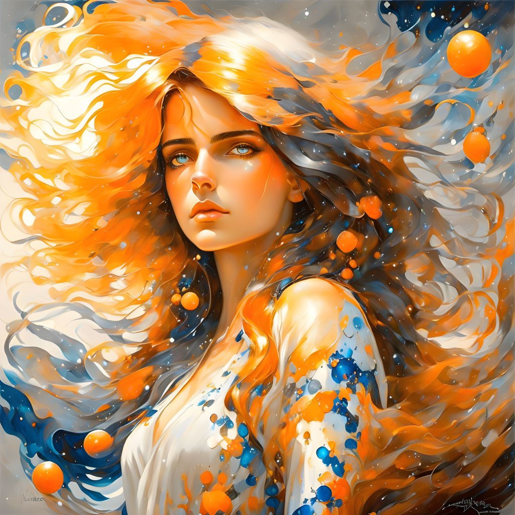 Cosmic-inspired digital painting of a woman with flowing hair and celestial orbs