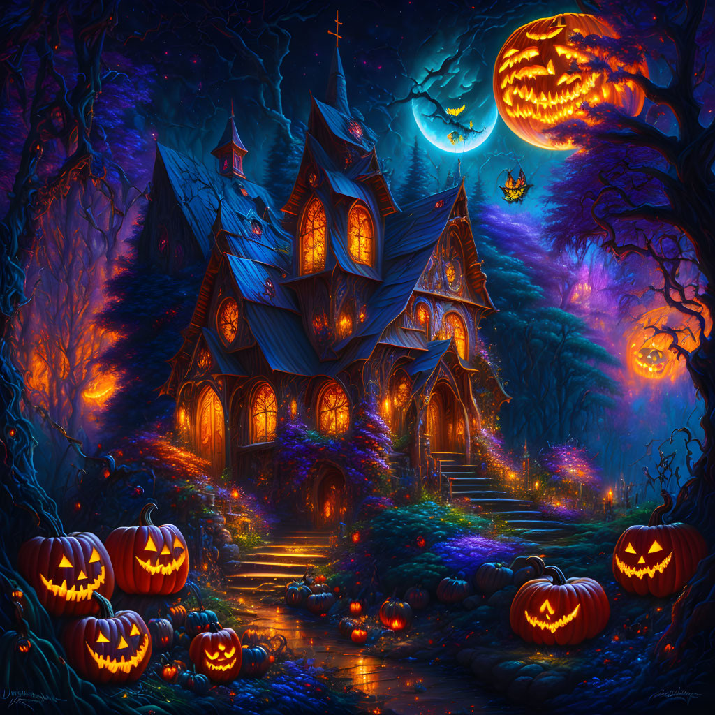 Spooky haunted house in Halloween night scene