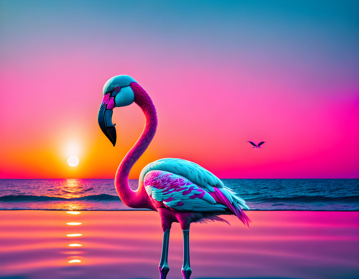 Colorful flamingo on beach at sunset with bird flying in distance