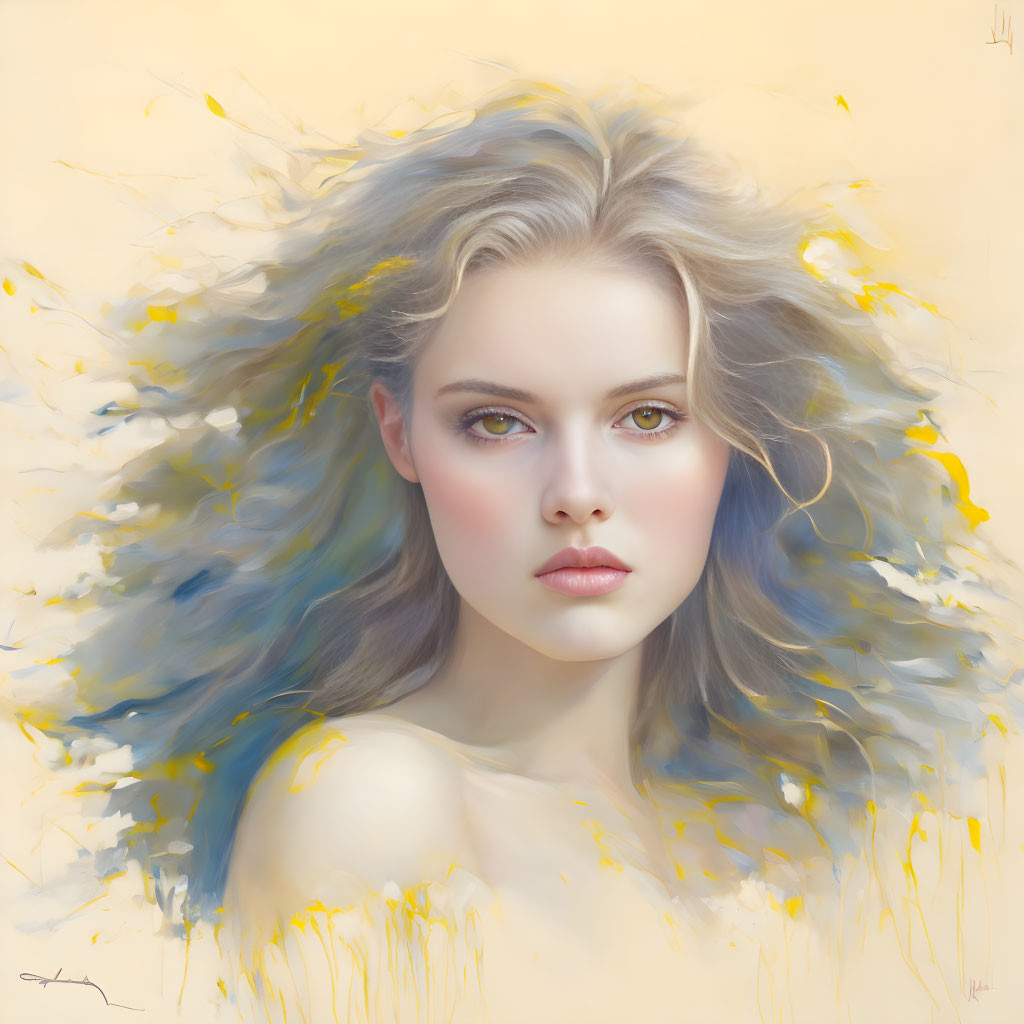 Young woman with greyish-blue hair in digital painting against soft yellow background