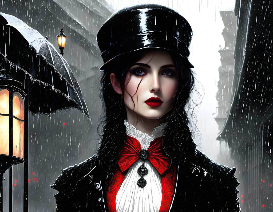 Gothic-style woman in black hat and red bow tie standing in rain with umbrella under street lamp