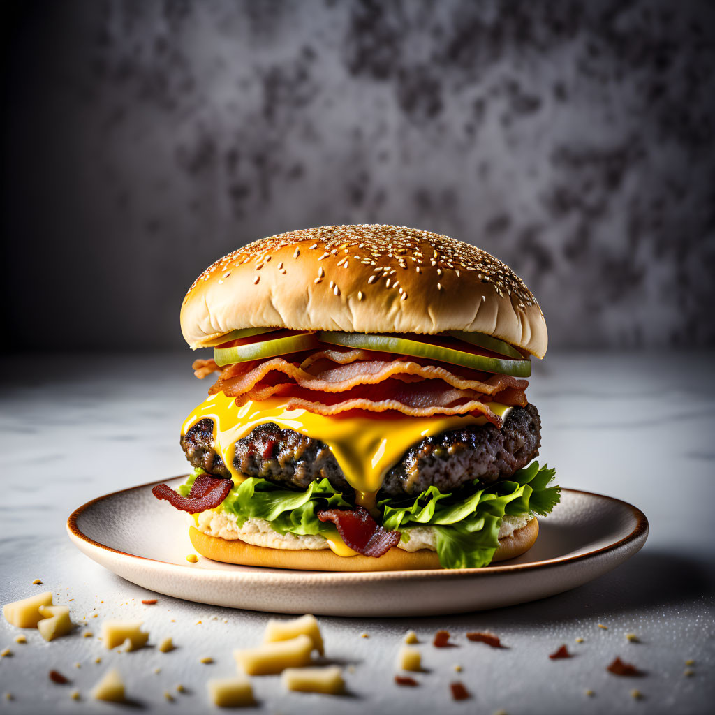 Succulent bacon cheeseburger with lettuce and melted cheese on a sesame bun