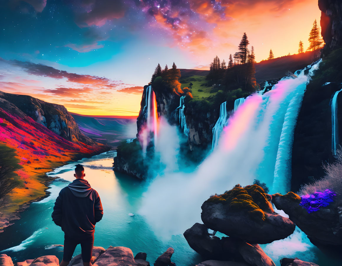 Colorful Waterfall Scene with Starry Sky at Sunset or Sunrise