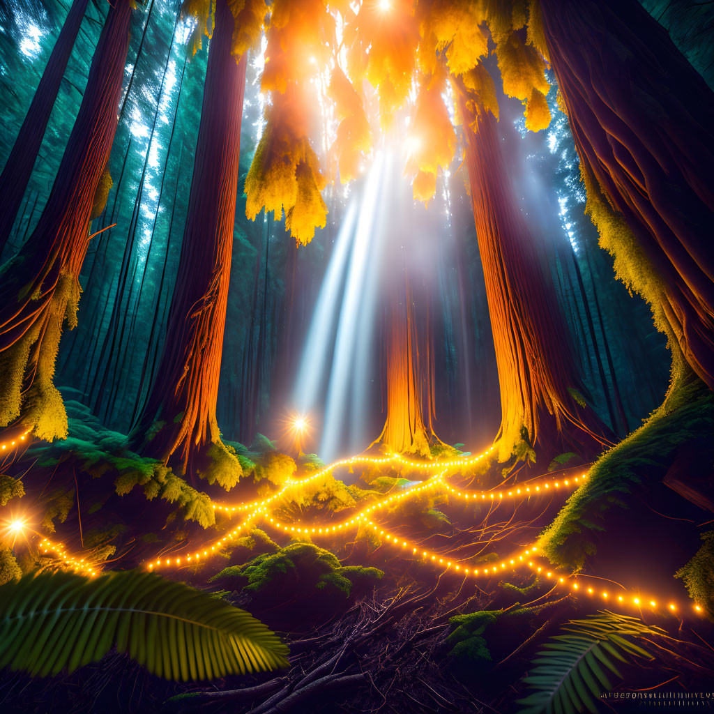 Enchanting redwood forest with magical lighting and fern-covered floor