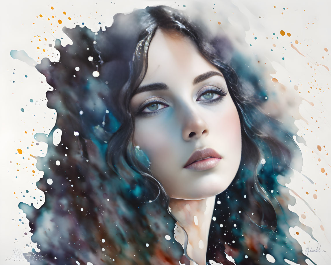 Portrait of Woman with Blue Eyes and Watercolor Hair Blend