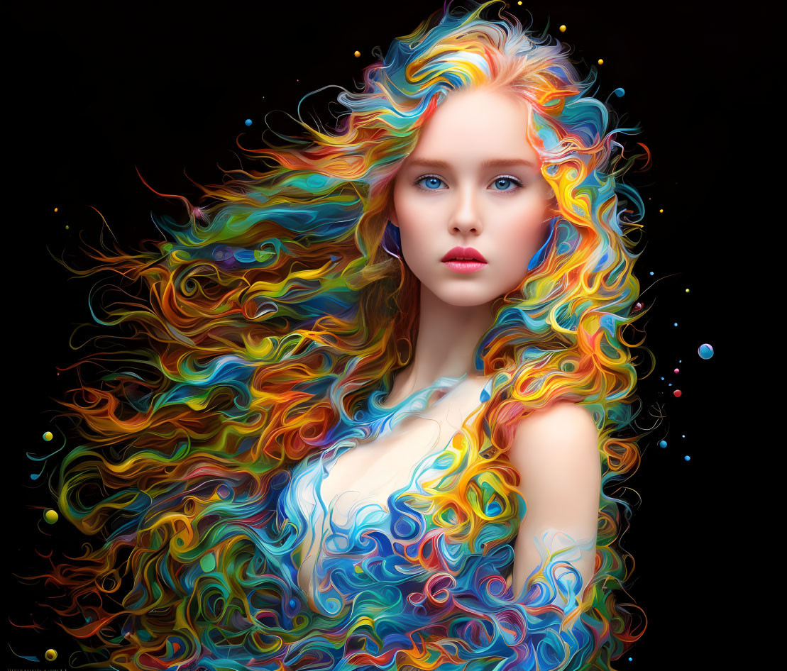 Colorful flowing hair woman digital artwork on dark background
