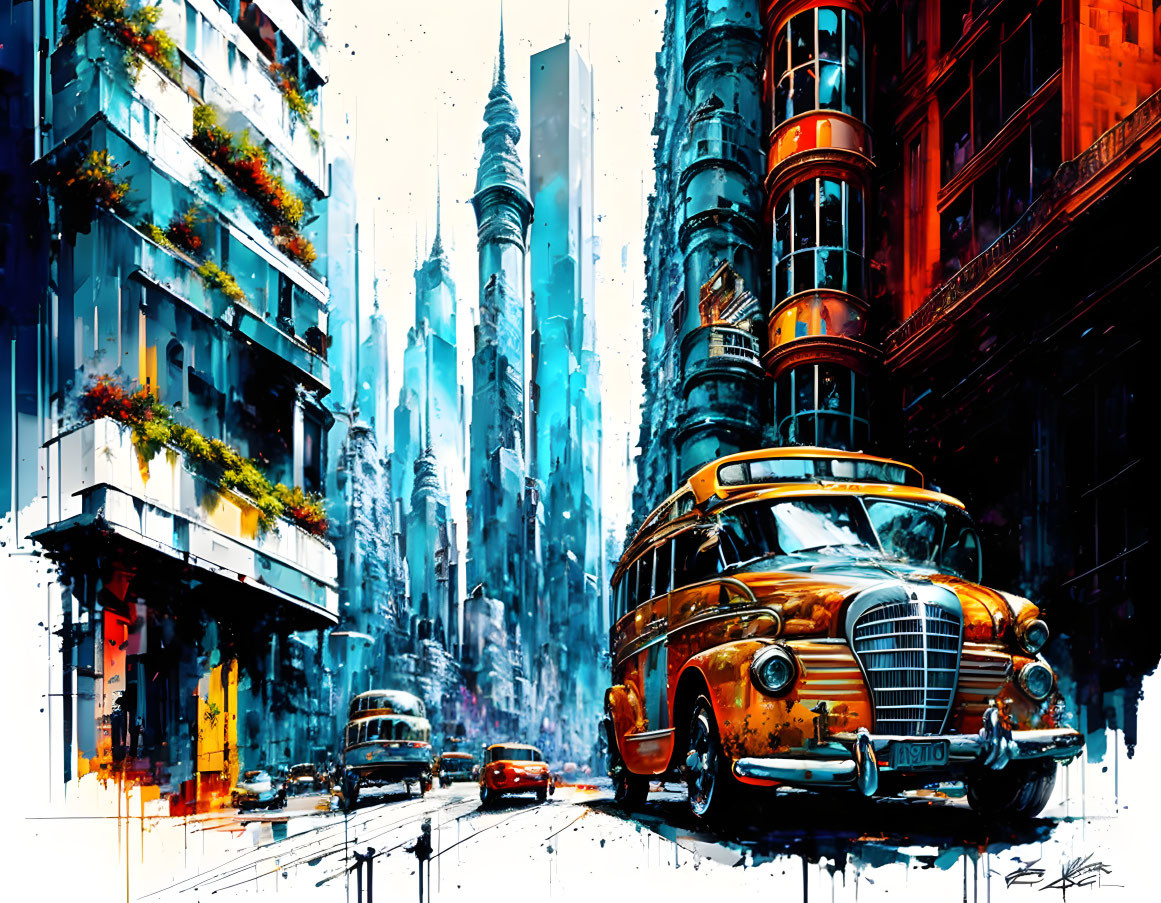 Futuristic cityscape with classic bus, modern high-rises, vibrant sky