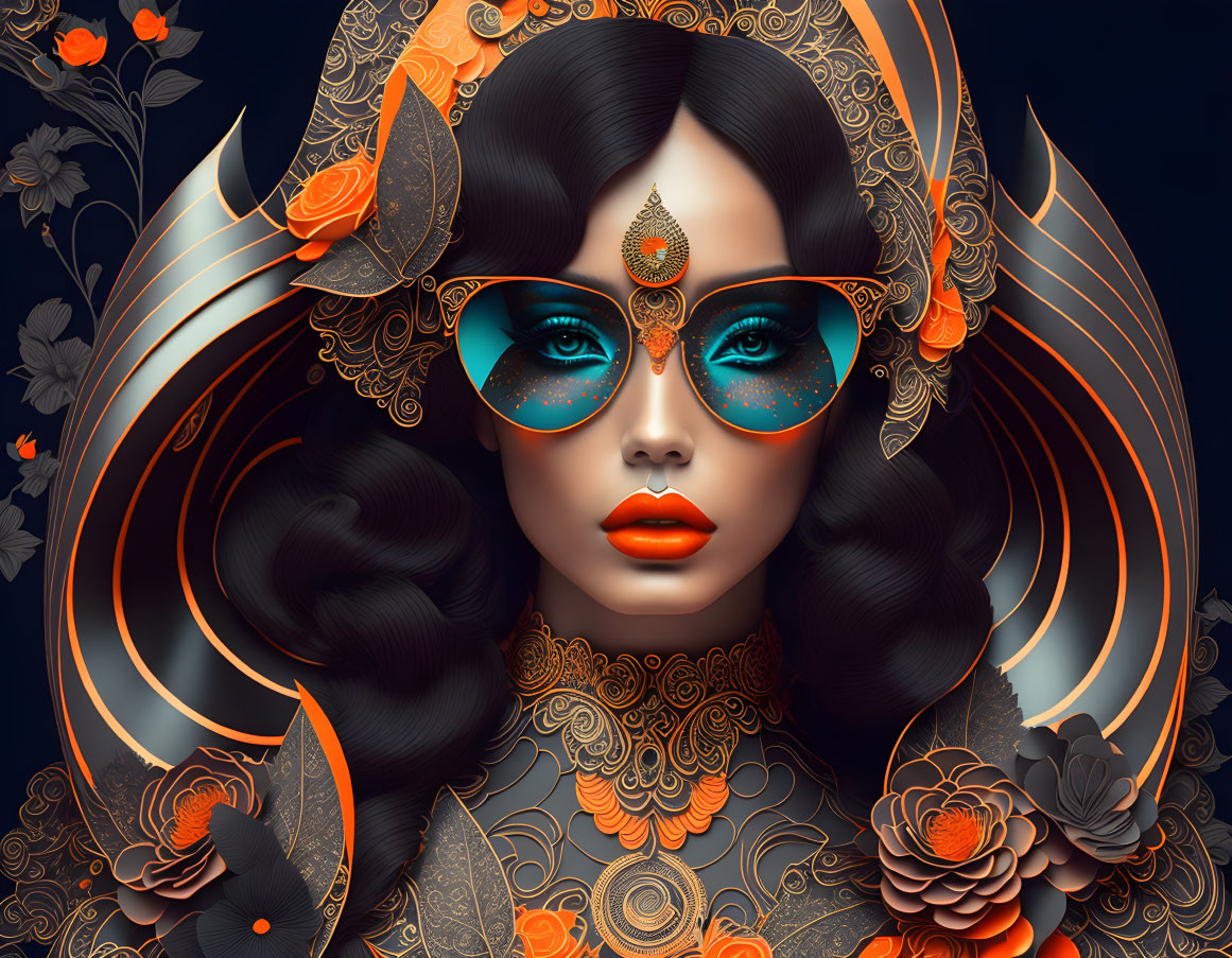 Detailed woman illustration with golden headdress and blue eyeshadow