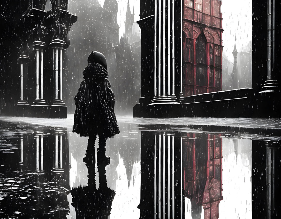 Solitary figure in rain-drenched city street with Gothic buildings and monochrome palette