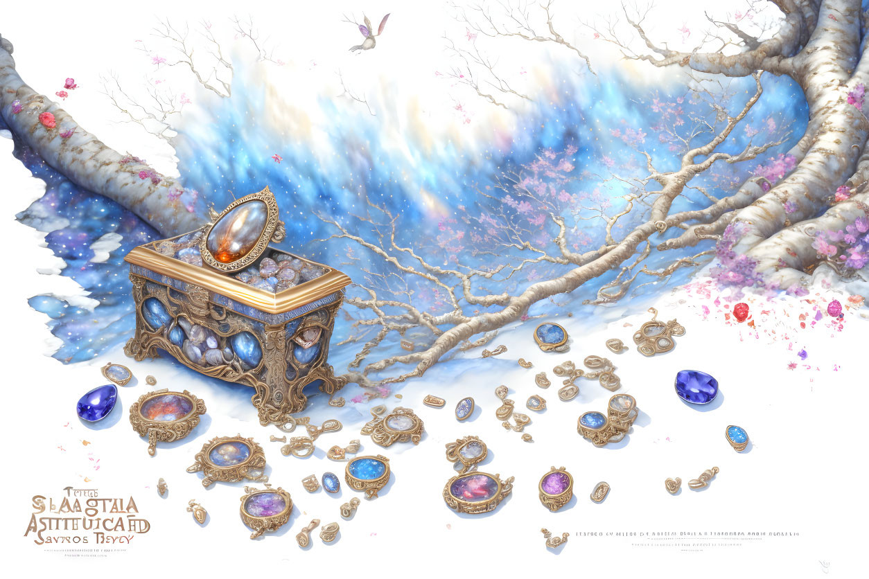 Ornate treasure box with scattered jewels in nature setting