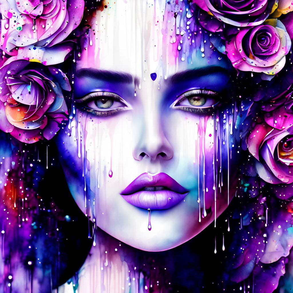 Colorful digital artwork: Woman's face in purple hues with multicolored roses and paint drips