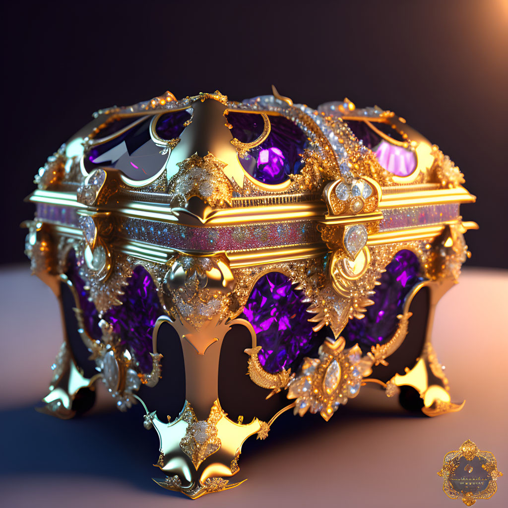 Golden Egg with Purple Gemstones and Filigree Under Dramatic Lighting