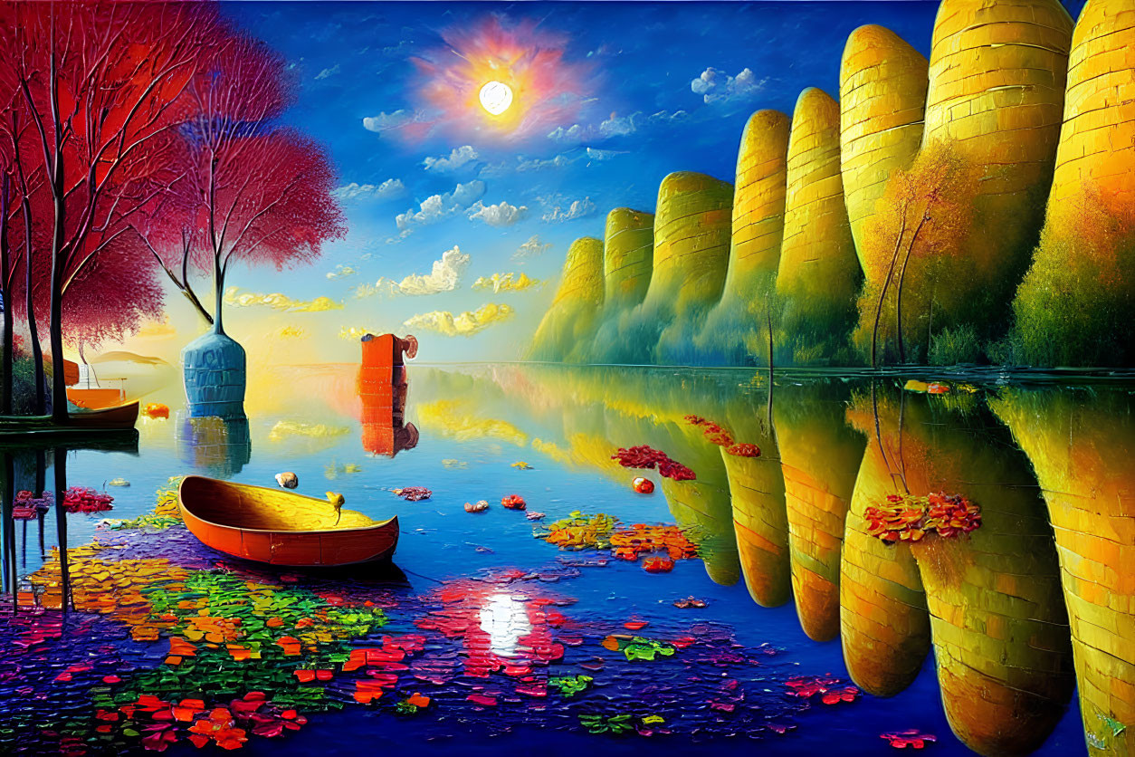 Vibrant landscape with giant yellow spirals, autumn trees, lake, boat, and floating mailbox