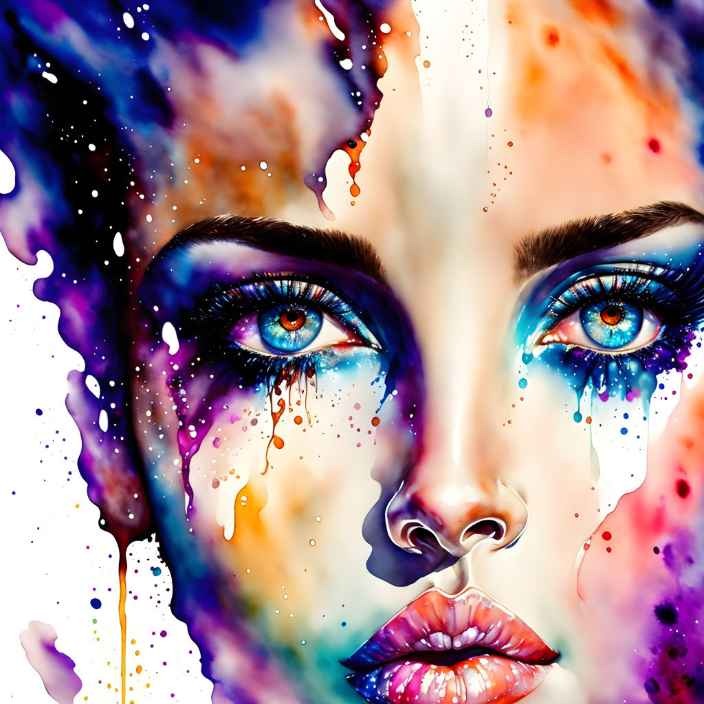 Vibrant digital painting of woman's face with dripping watercolor effects