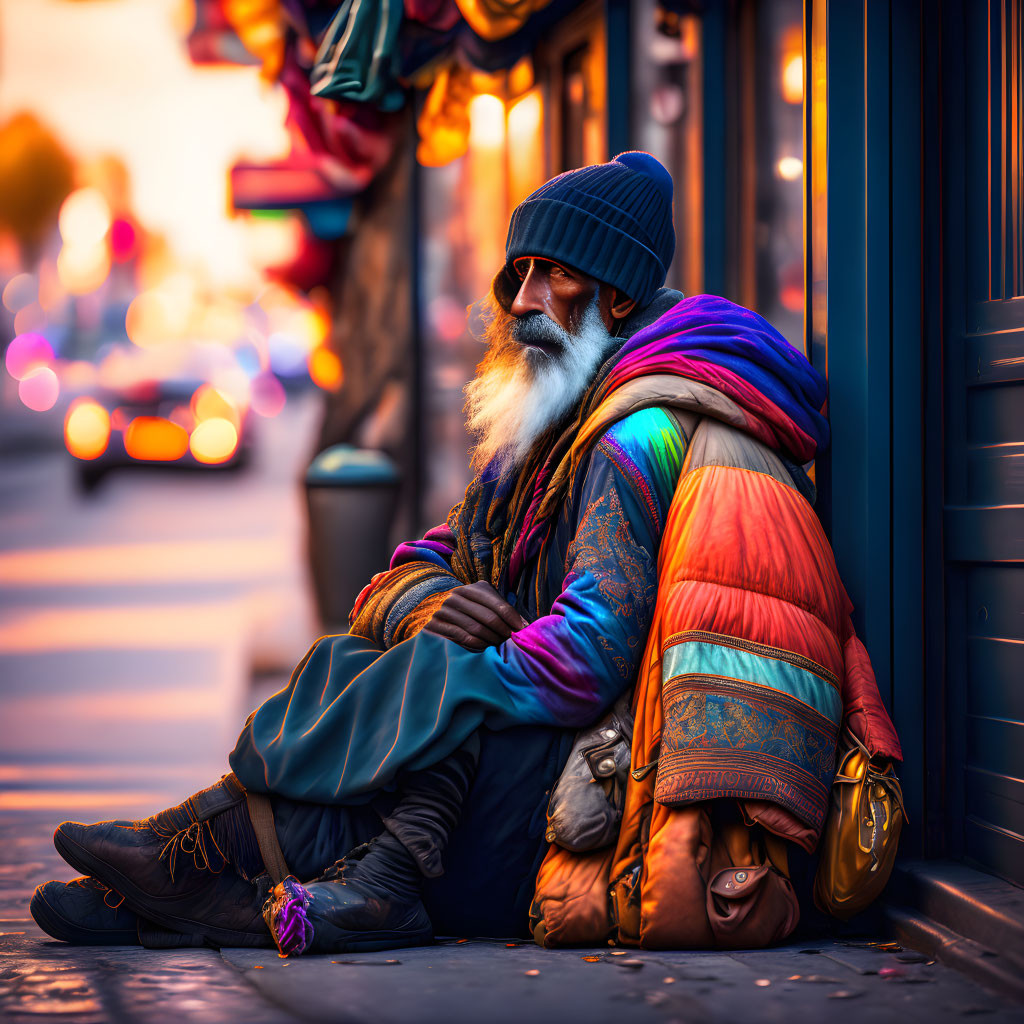 Bearded individual in colorful layers on sidewalk at twilight