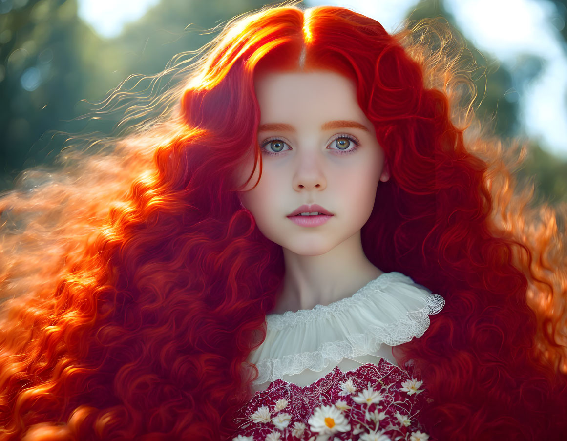 Young girl with red hair and blue eyes in white and red floral dress