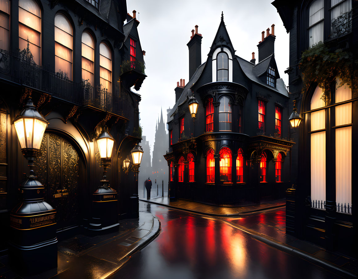 Gothic-style buildings with warm glowing windows on misty cobblestone street at dusk