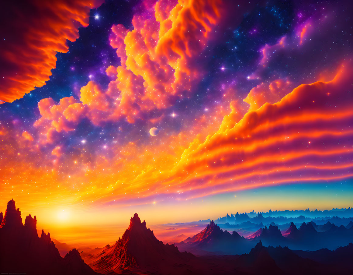 Vibrant cosmic sunset over jagged mountains with red-orange clouds