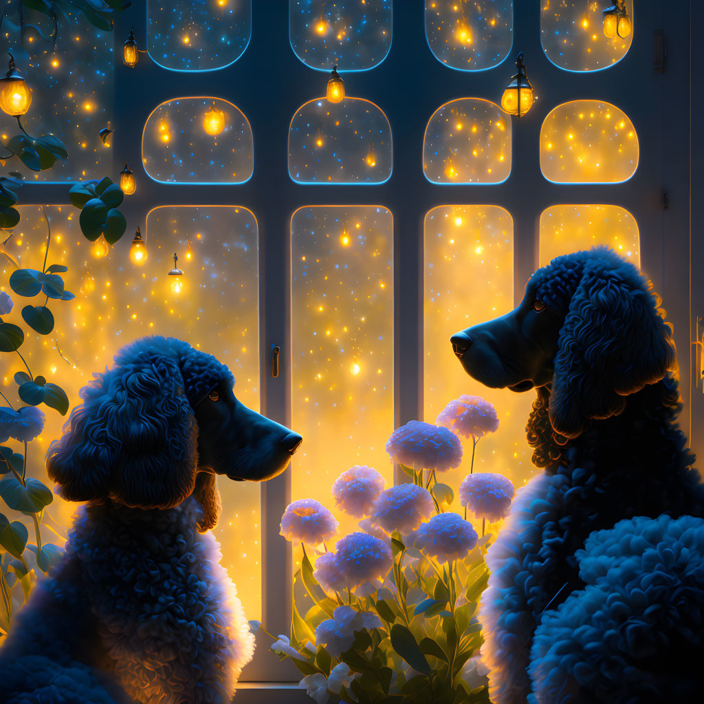 Fluffy dogs looking out of window with fairy lights and glowing flowers