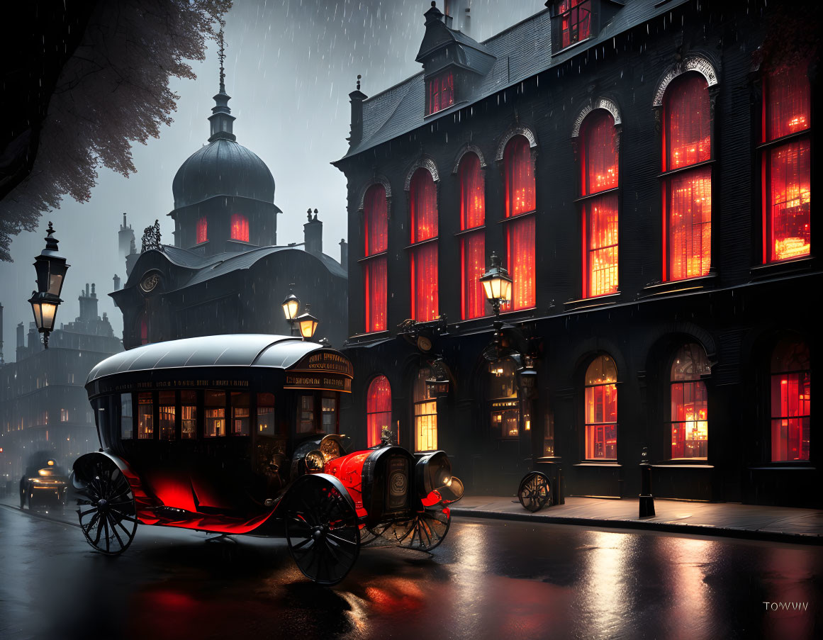 Vintage carriage on wet cobblestone street under rainy evening sky