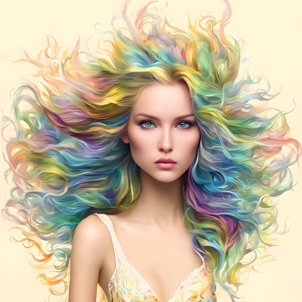 Vibrant multicolored hair woman on pale yellow background