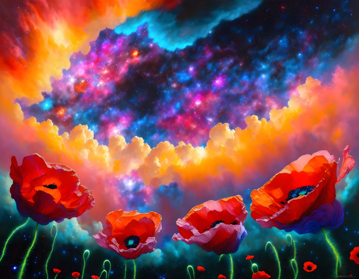 Colorful digital artwork: Red poppies in cosmic sky