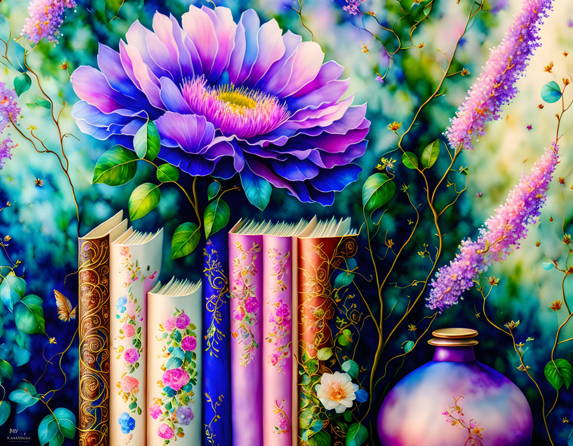 Detailed Digital Painting of Purple Flower, Books, and Ink Bottle