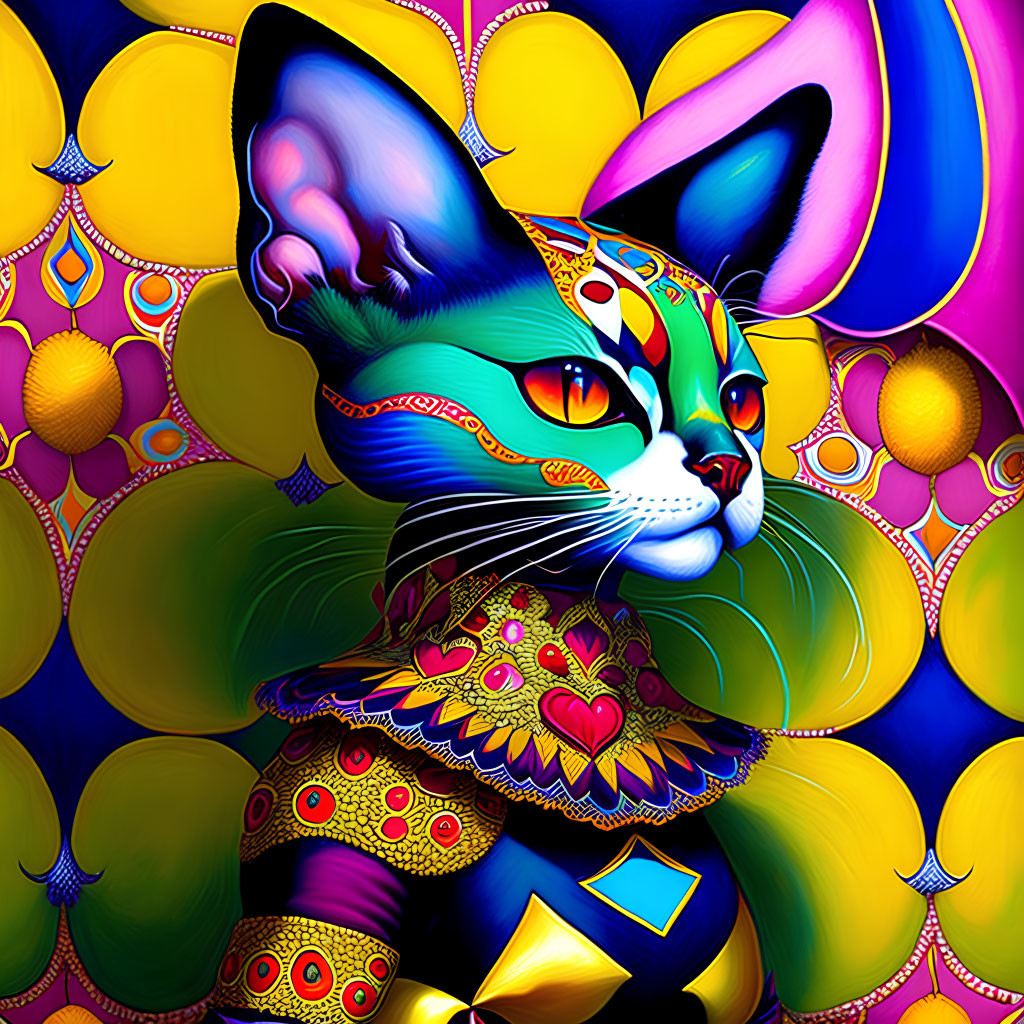 Whimsical cat digital art with vibrant colors and intricate patterns