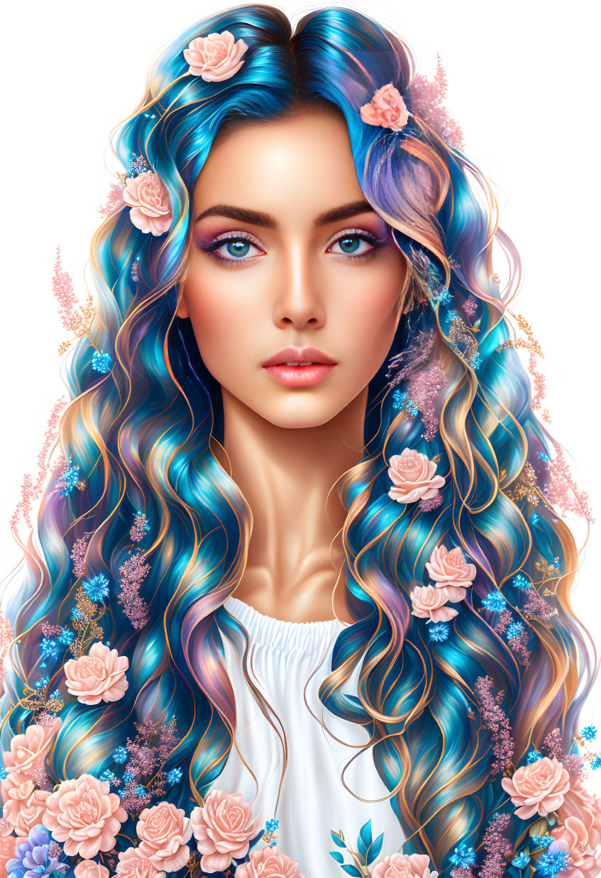 Portrait of woman with long curly blue hair and flowers, featuring striking blue eyes.