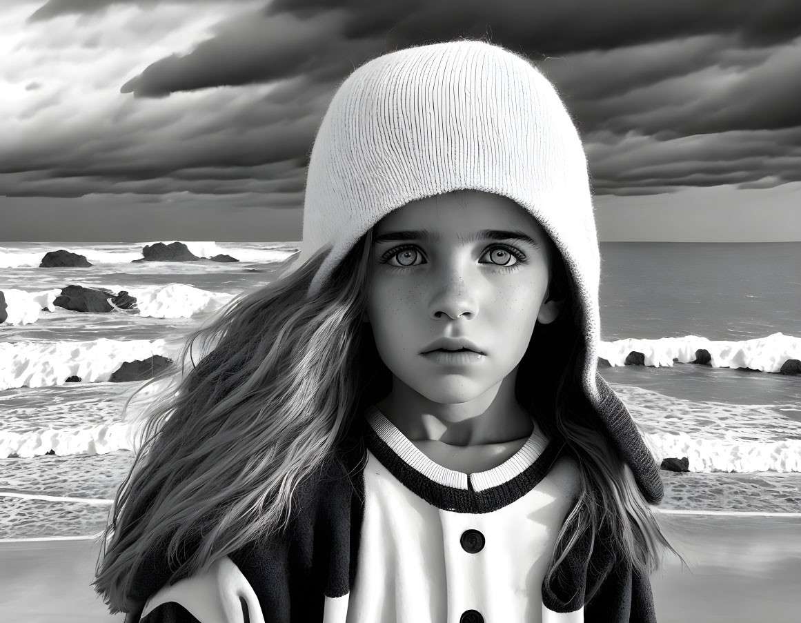 Young girl with blue eyes in white beanie and striped jacket against stormy seascape.