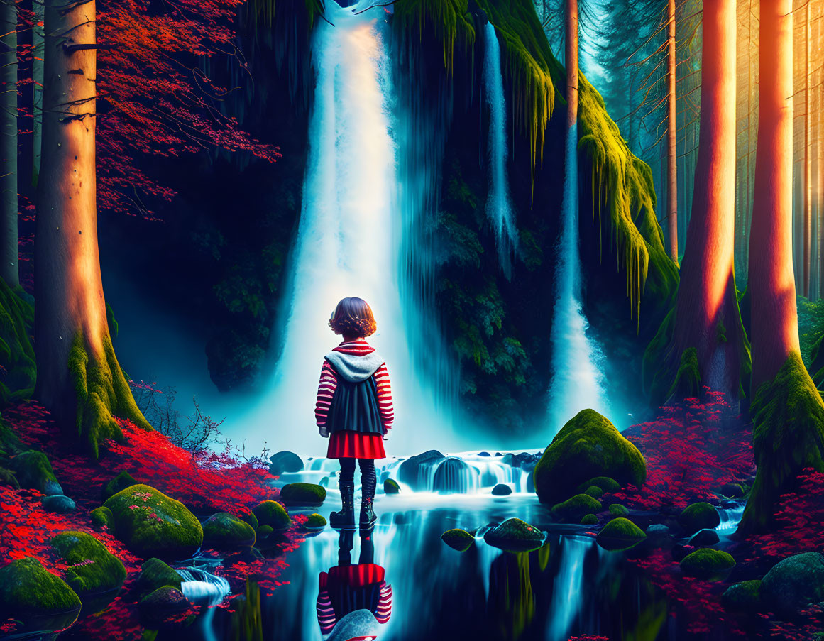 Child in Striped Jacket at Vibrant Waterfall in Mystical Forest