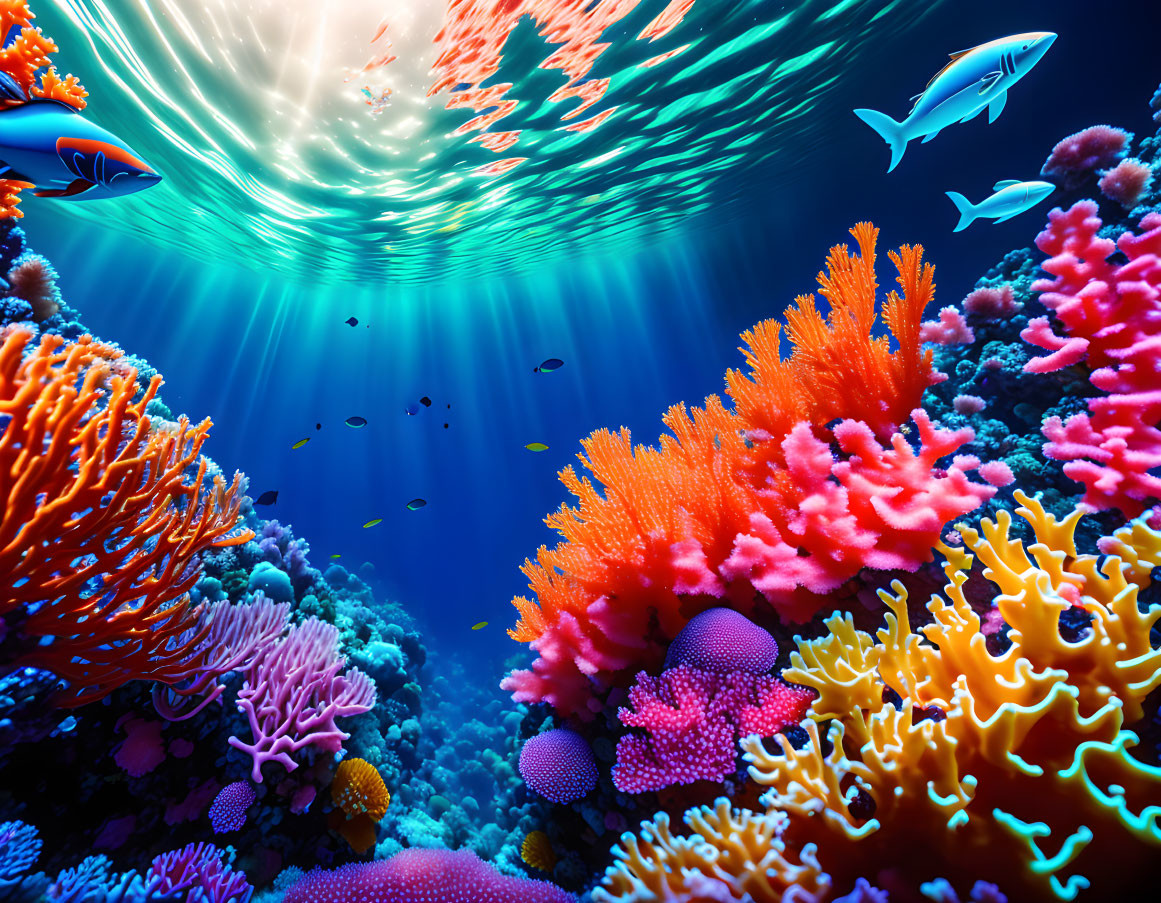 Colorful Coral Reef with Fish, Shark, and Sunbeams