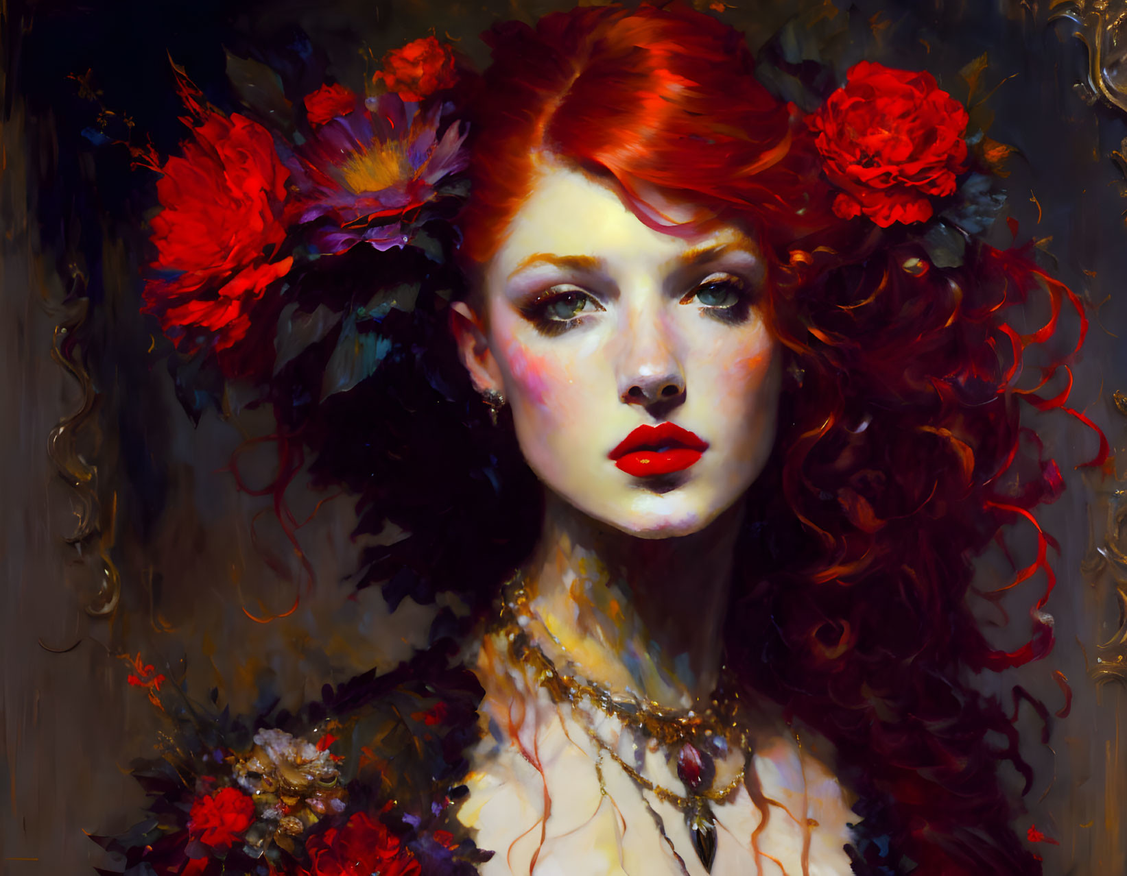 Portrait of a Woman with Red Hair and Flowers, Intense Gaze