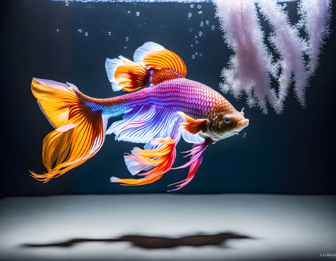 Vibrant betta fish in aquarium with white sand and soft coral