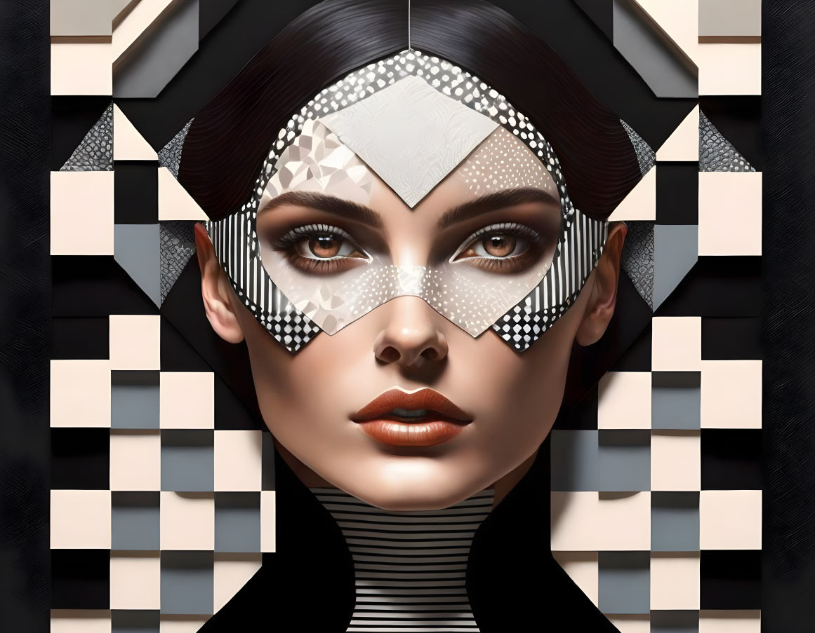 Symmetrical abstract digital artwork of woman with geometric mask