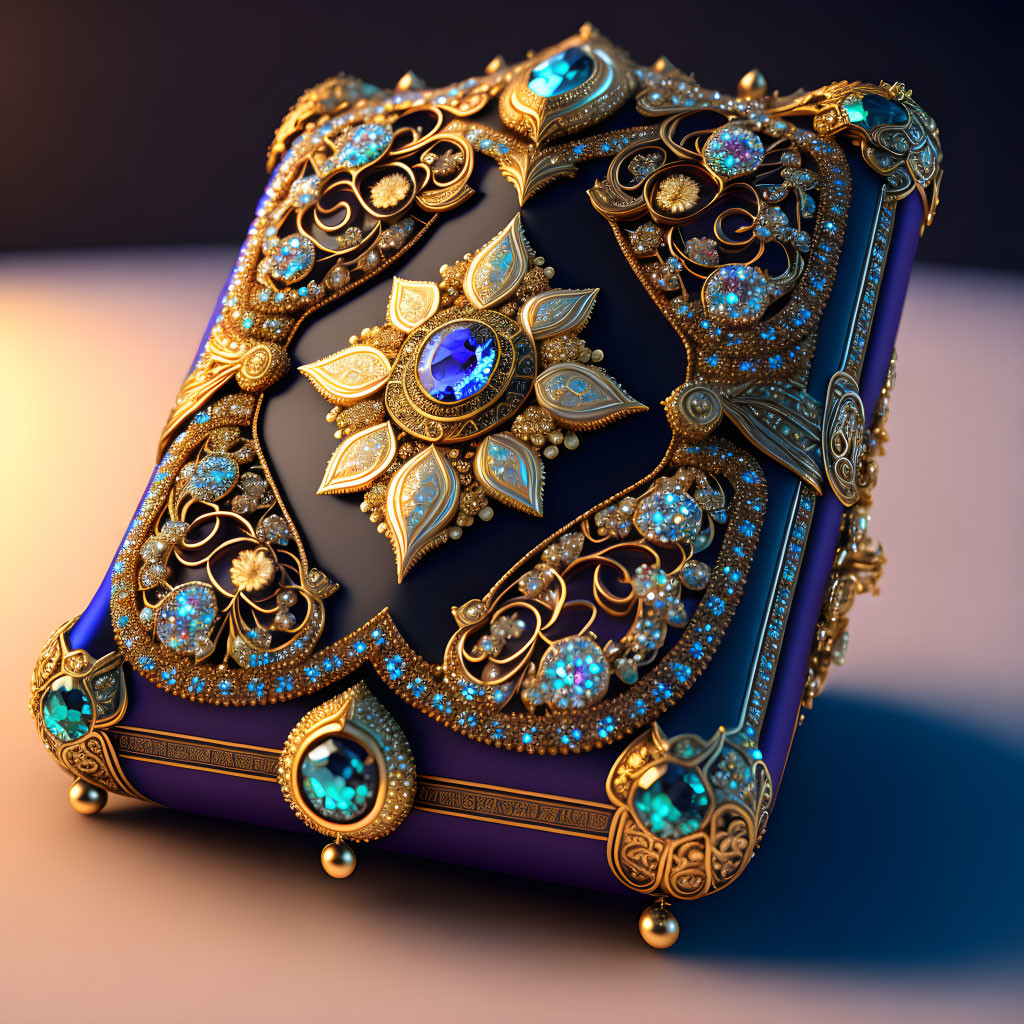 Intricate Blue Gemstone Golden Box on Two-Tone Background