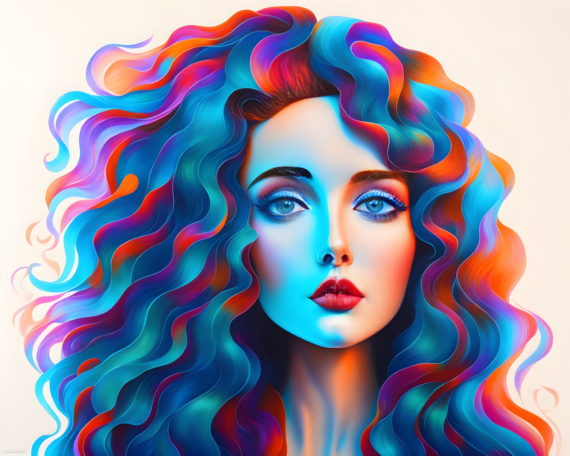 Colorful digital portrait of a woman with multicolored hair and blue eyes