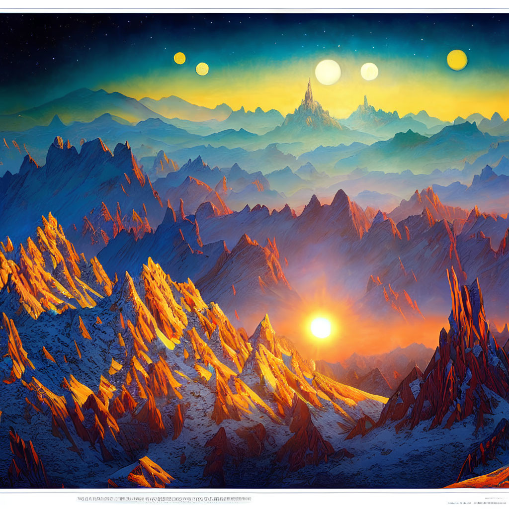 Surreal mountain landscape with multiple suns and starry sky