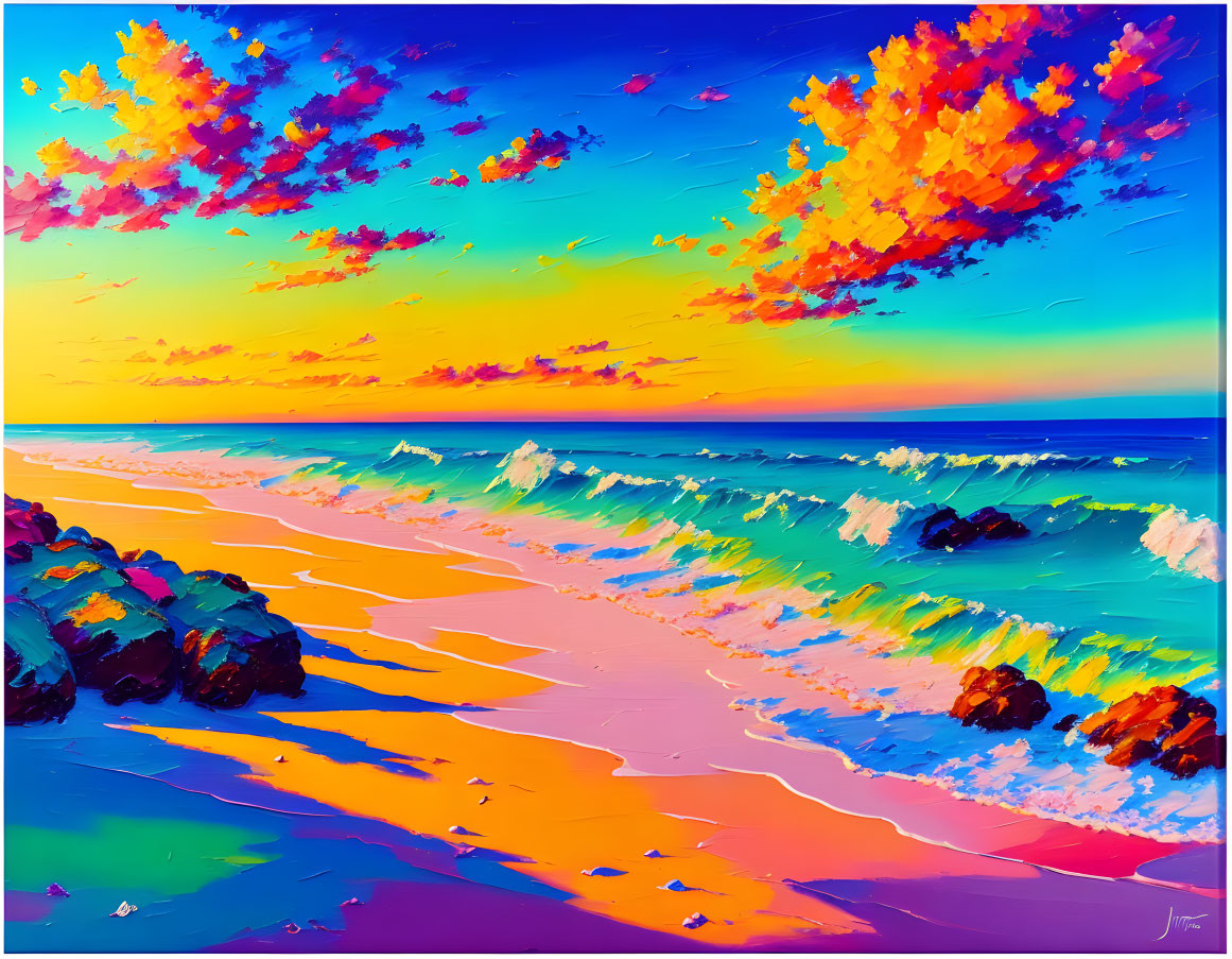 Colorful Sunset Beach Scene Painting with Turquoise Waves