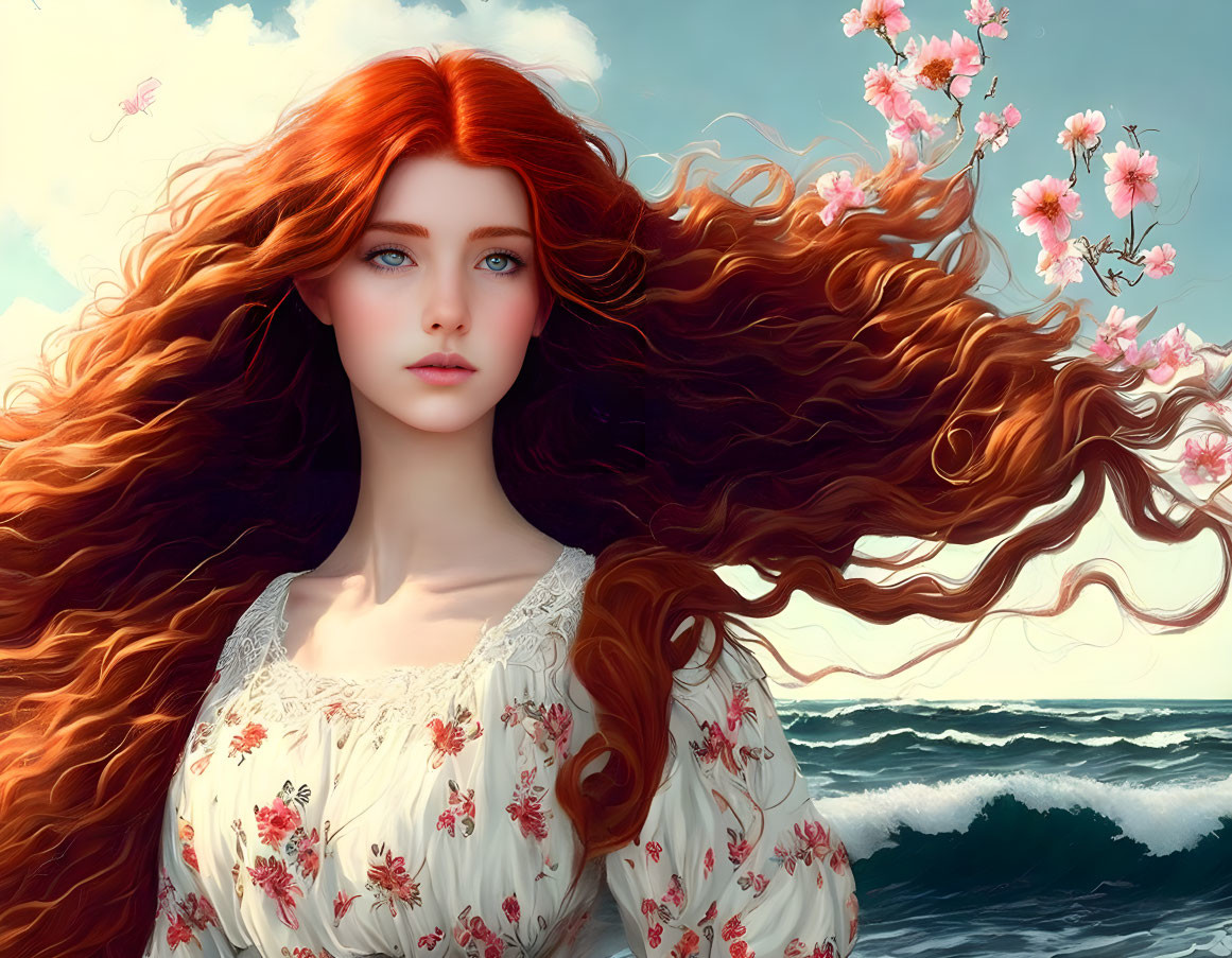 Red-haired woman with blue eyes in cherry blossom and sea scenery