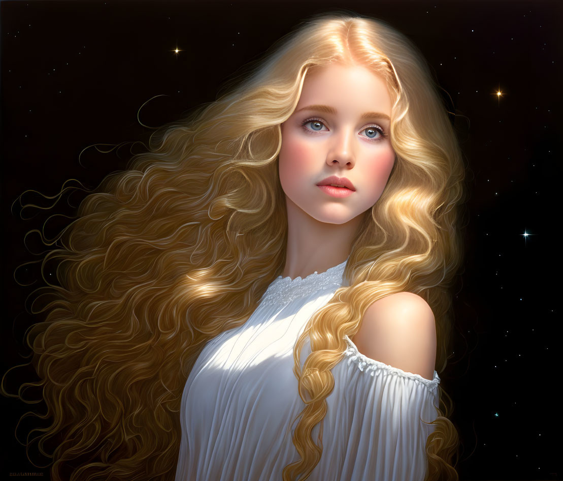 Young woman's digital portrait with golden hair against starry night.