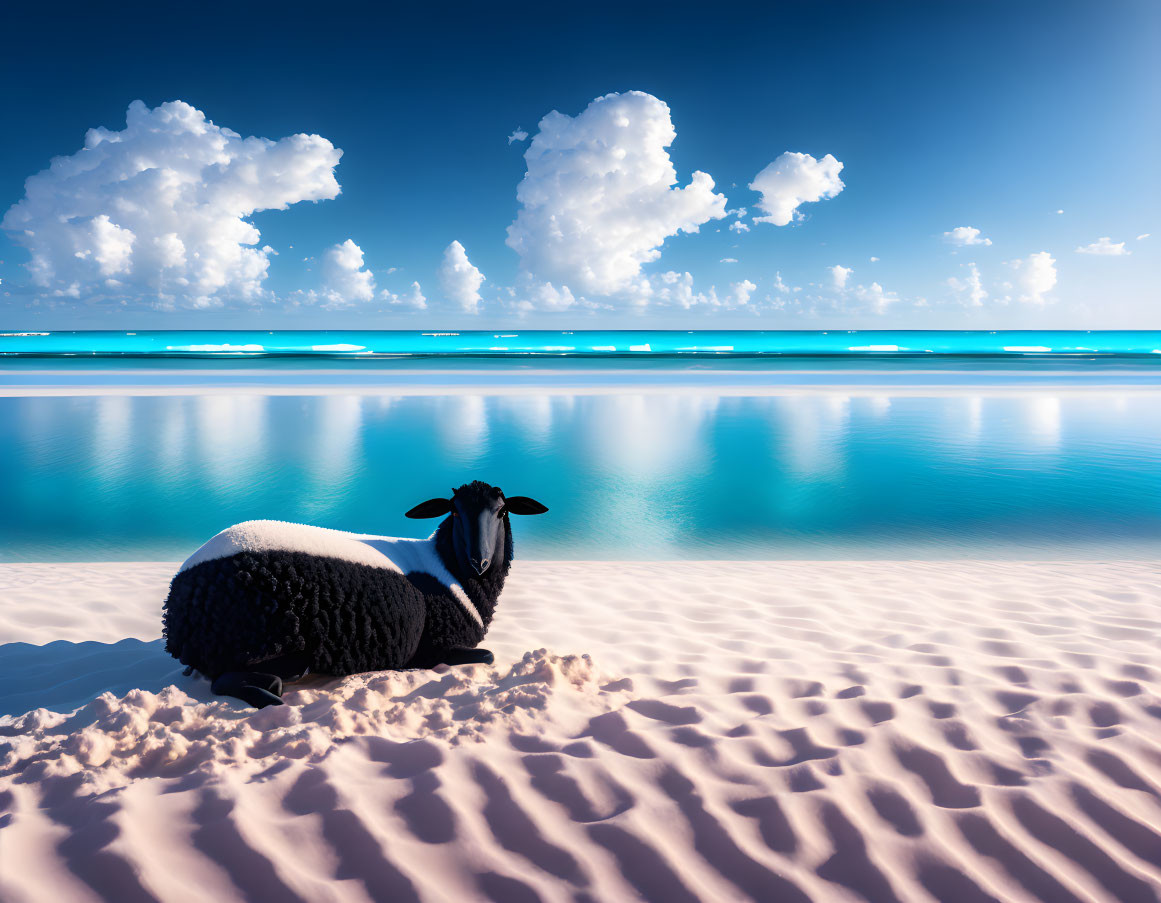 Plush sheep toy on sandy beach with turquoise waters and blue sky