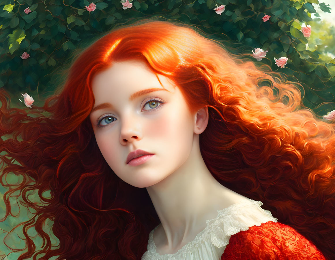 Portrait of young woman with red hair and blue eyes in nature setting