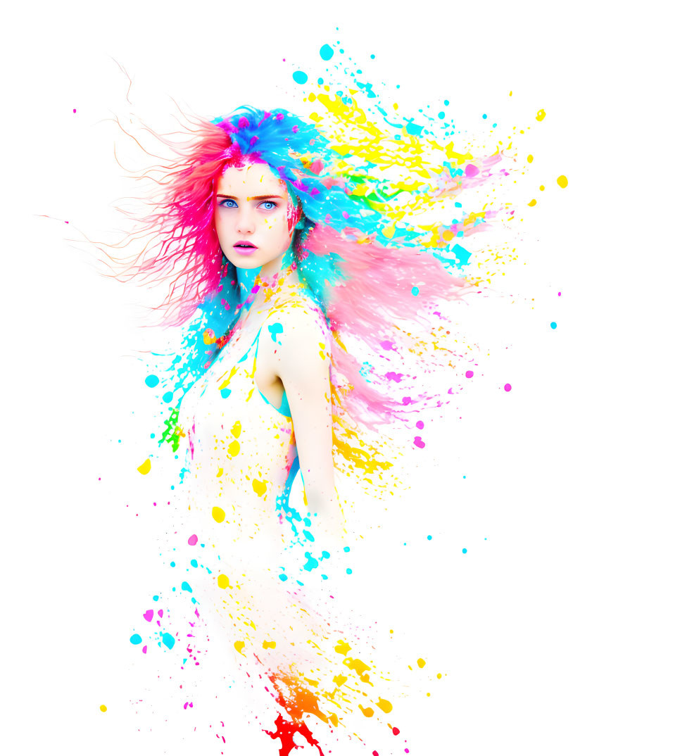 Colorful painting of woman merging with paint splatters