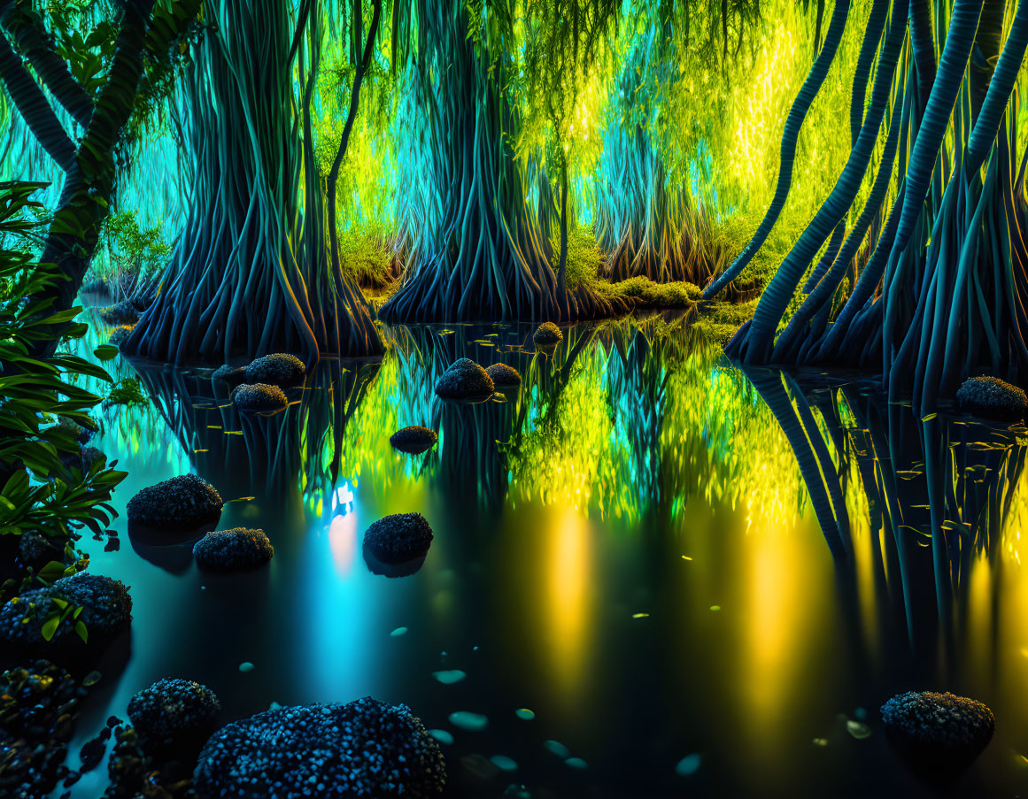 Ethereal Blue and Gold-Lit Fantasy Forest with Reflective Water