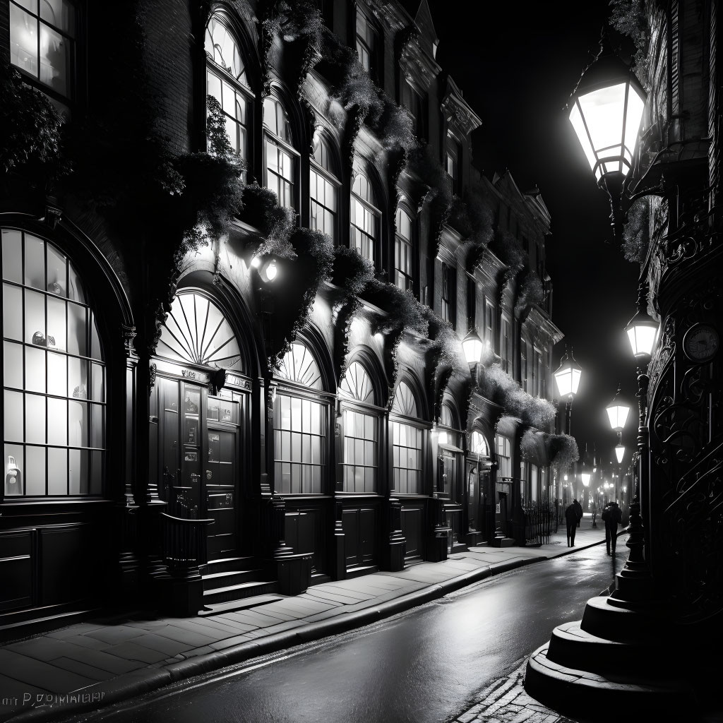 Monochrome noir photo: Couple on lamp-lit street