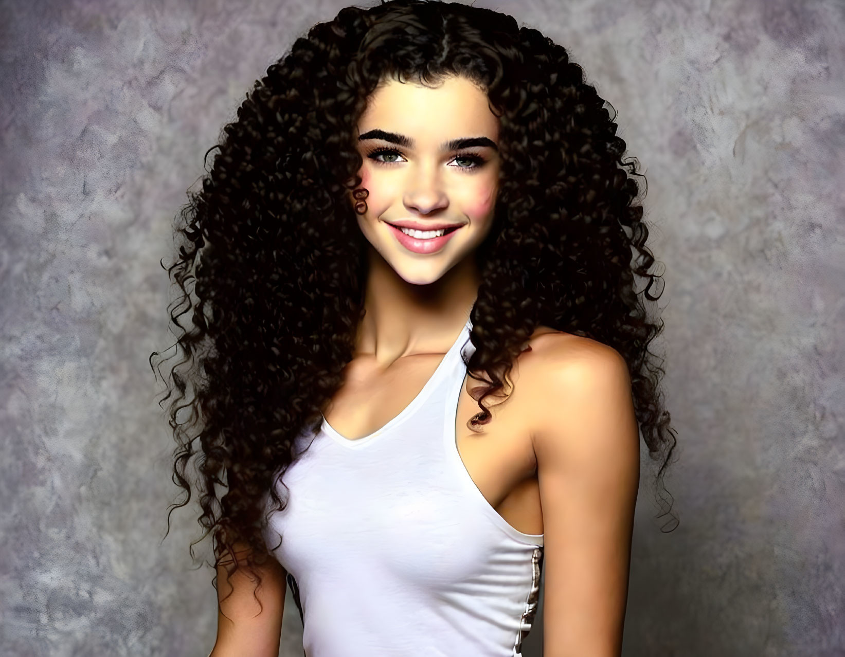 Smiling young woman with curly hair in white tank top on grey background